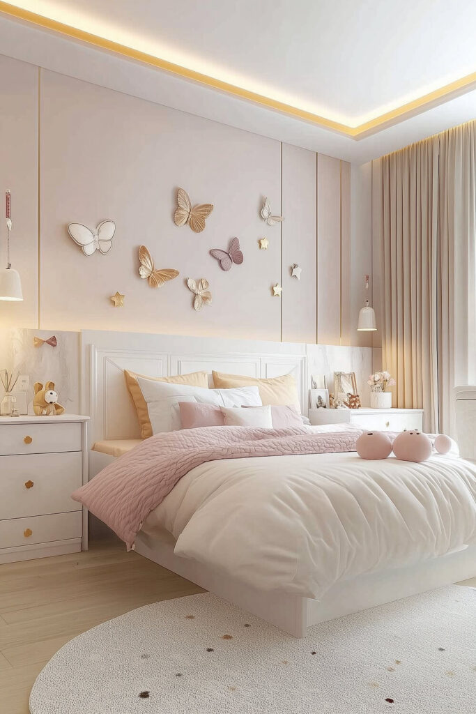 An elegant and whimsical kids bedroom design with butterfly wall art, soft bedding, and a large rug.