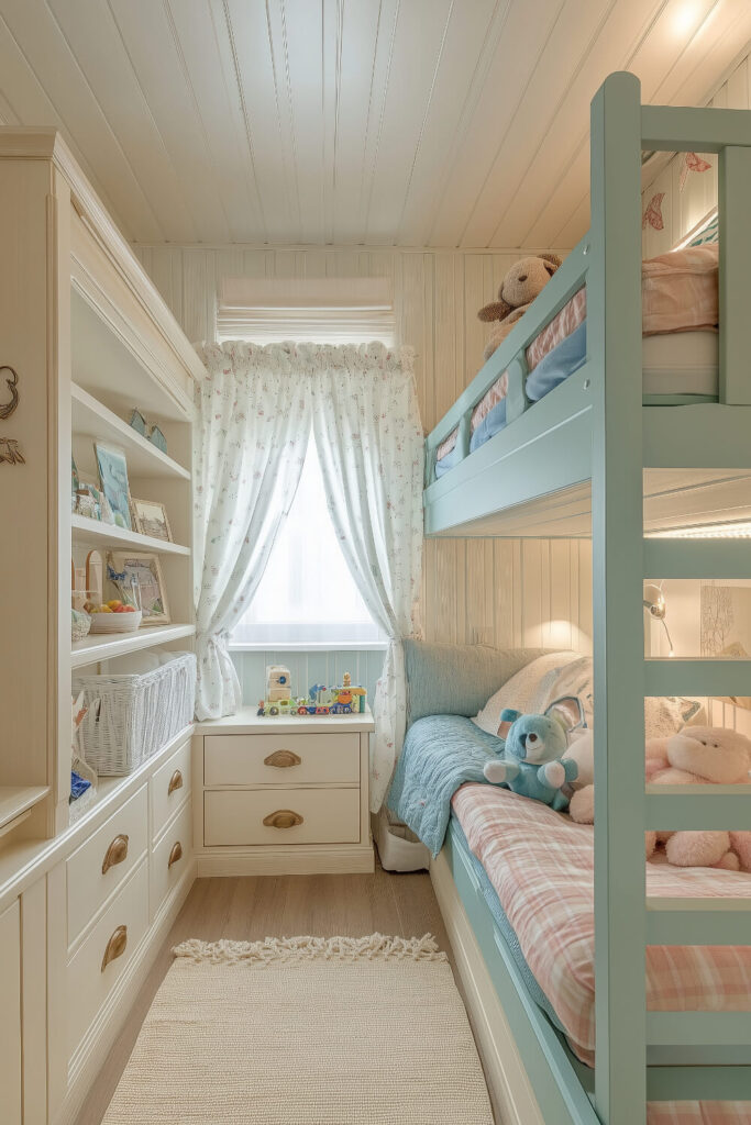 A soft and inviting kids bedroom design with a wooden bunk bed, light blue walls, and organized storage.