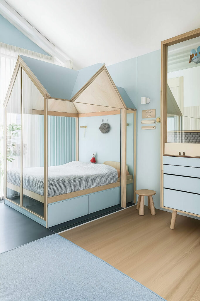 A modern kids bedroom design with a house-shaped bed, glass sides, and a clean, minimalist look.