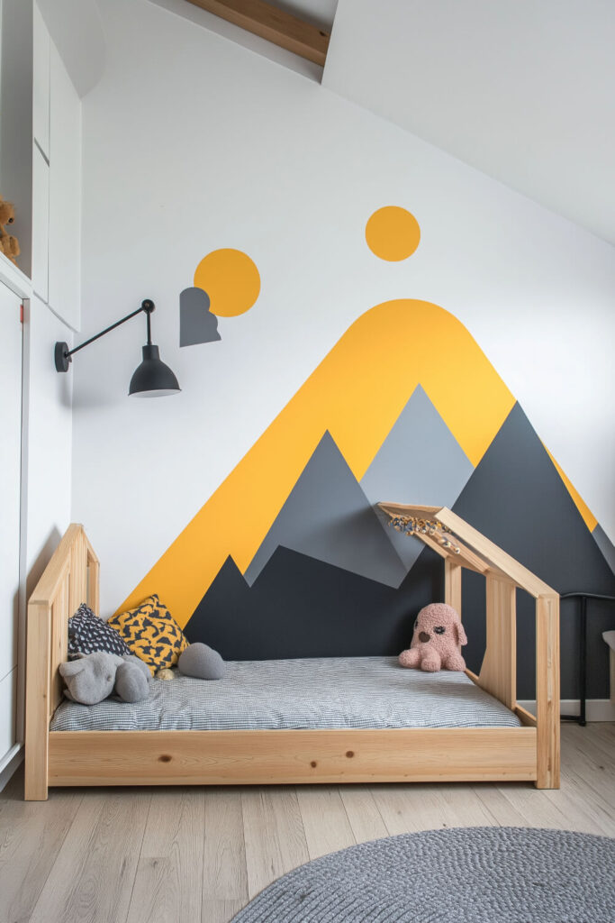 A creative kids bedroom design with mountain-themed wall art, a wooden bed, and plush toys for comfort.