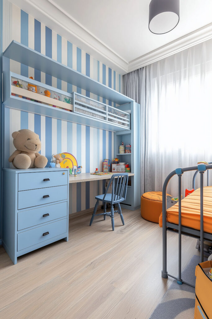 A bright and organized kids bedroom design with blue and white striped walls, a bunk bed, and ample storage.