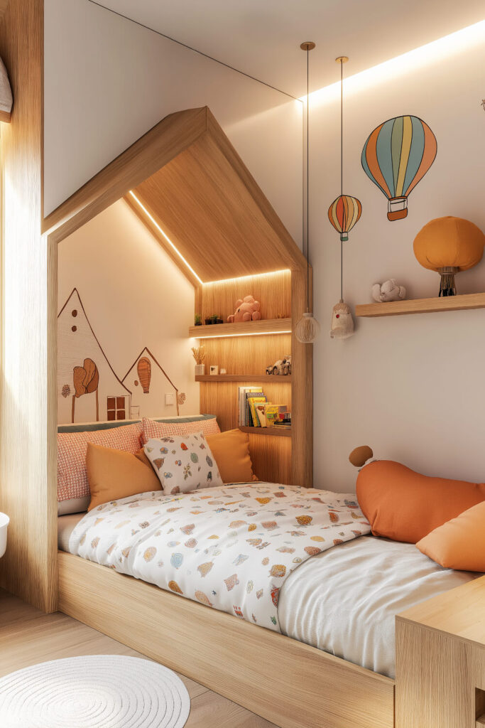 A warm and inviting kids bedroom design with a house-shaped bed, wooden accents, and playful decor.