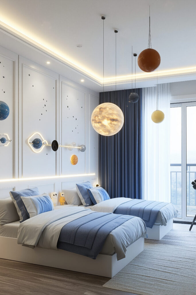 A space-themed kids bedroom design with starry walls, round lights, and comfortable beds for a dreamy feel.