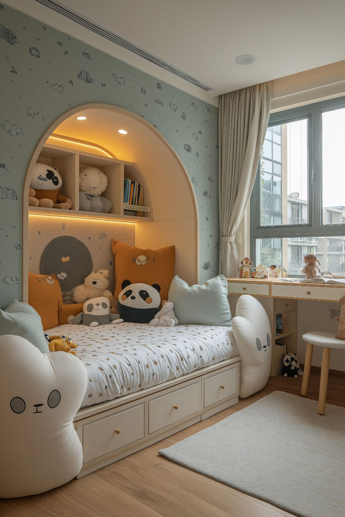 A cute kids bedroom design with a teddy bear-shaped bed, soft pillows, and charming wall patterns.