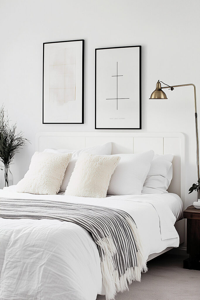 A minimalist bedroom with white walls, a cozy bed adorned with grey and white bedding, and elegant sheer curtains allowing natural light to filter through.