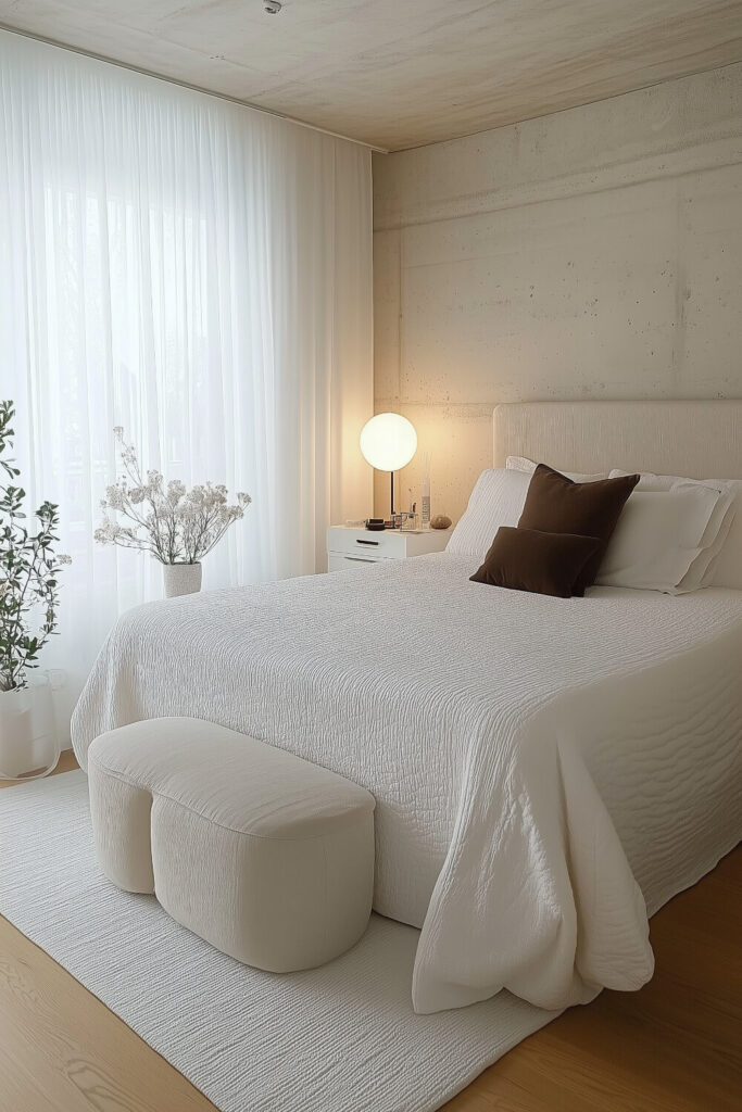 A minimalist bedroom with white walls, a bed dressed in white and beige bedding, and a large window with sheer curtains creating a bright and airy space.