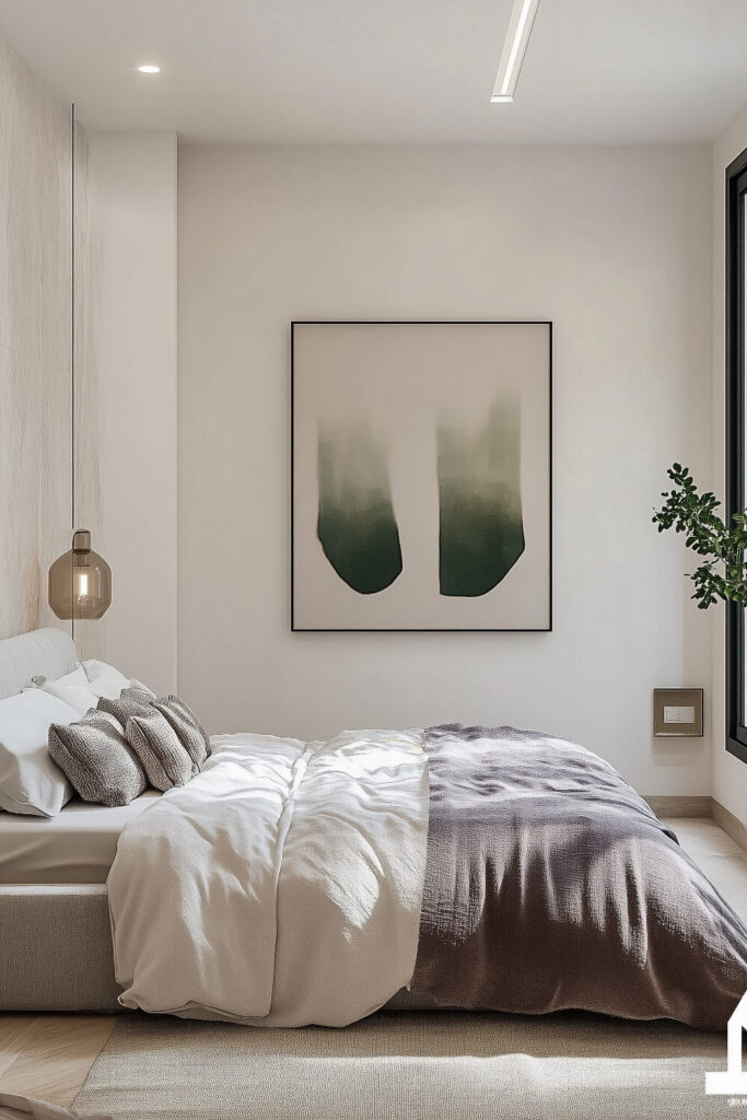 A minimalist bedroom with white walls, a cozy bed dressed in white and beige bedding, and a large window with sheer curtains allowing natural light to flood the room.