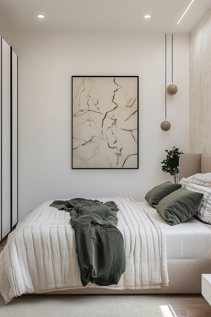 A minimalist bedroom with white walls, a bed dressed in white and beige bedding, and a large window with sheer curtains creating a serene and inviting atmosphere.