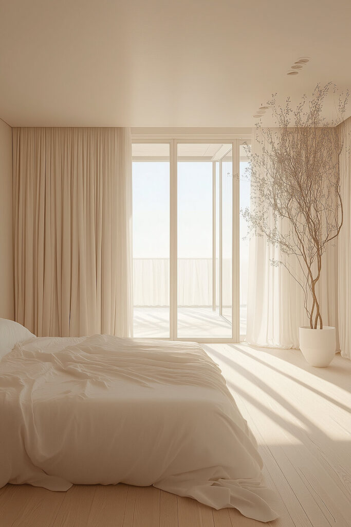 A minimalist bedroom with white walls, a cozy bed dressed in white and beige bedding, and a large window with sheer curtains bringing in plenty of natural light.