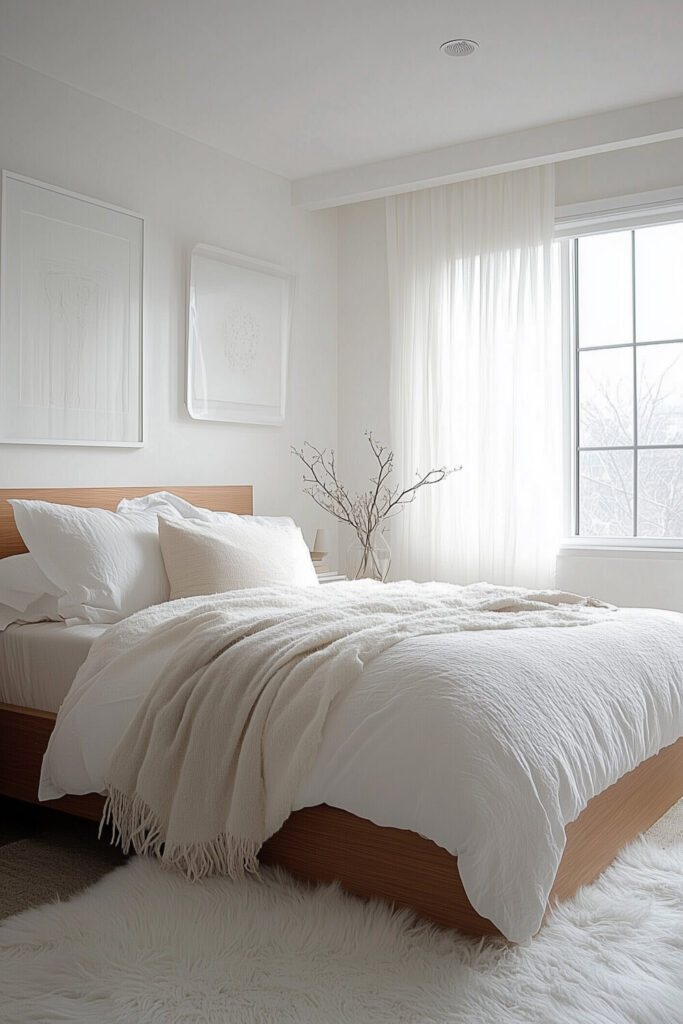 A minimalist bedroom with white walls, a bed dressed in white and beige bedding, and a large window with sheer curtains creating a peaceful and relaxing environment.