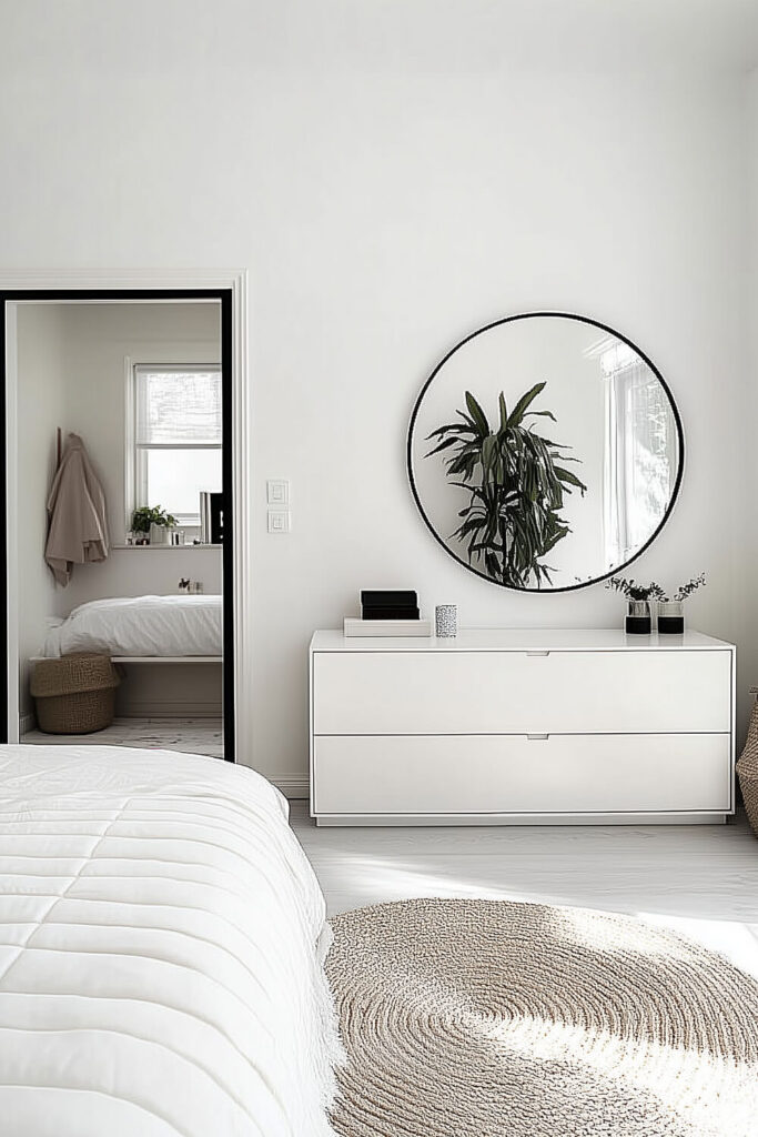 A minimalist bedroom with white walls, a cozy bed dressed in white and beige bedding, and a large window with sheer curtains allowing natural light to enhance the calm ambiance.