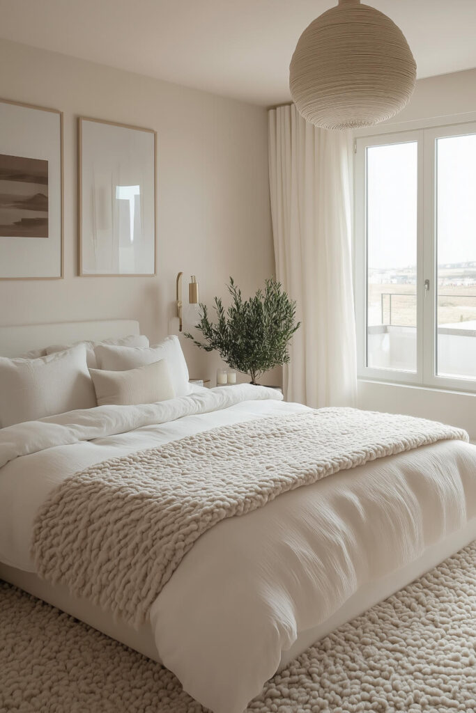 A minimalist bedroom with white walls, a bed dressed in white and beige bedding, and a large window with sheer curtains creating a bright and tranquil space.