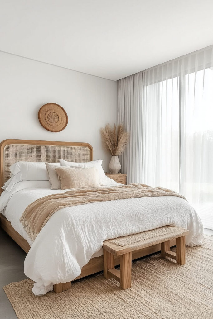 A minimalist bedroom with white walls, a cozy bed dressed in white and beige bedding, and a large window with sheer curtains bringing in an abundance of natural light.