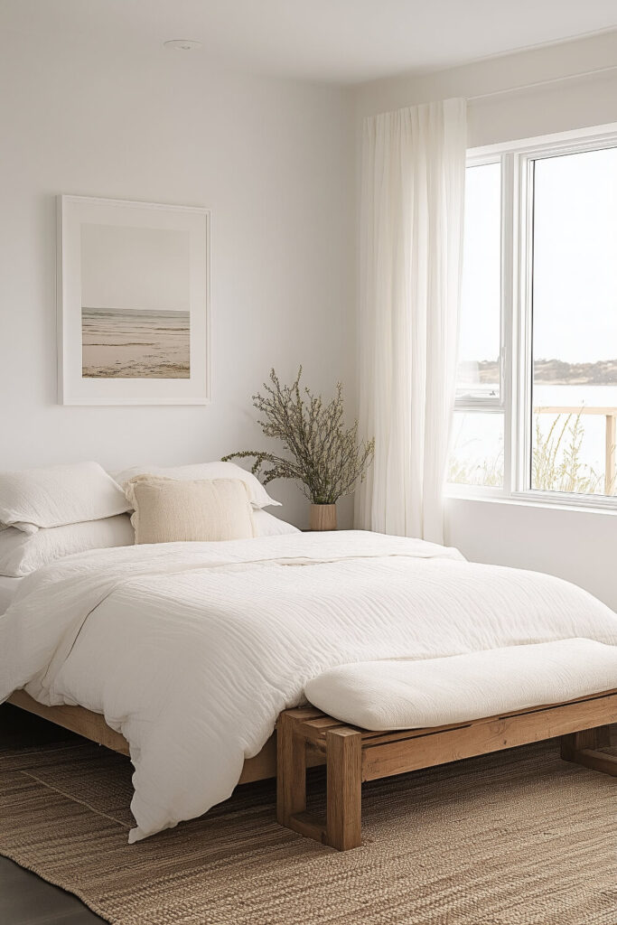 A minimalist bedroom with white walls, a cozy bed dressed in white and beige bedding, and a large window with sheer curtains creating a warm and welcoming space.