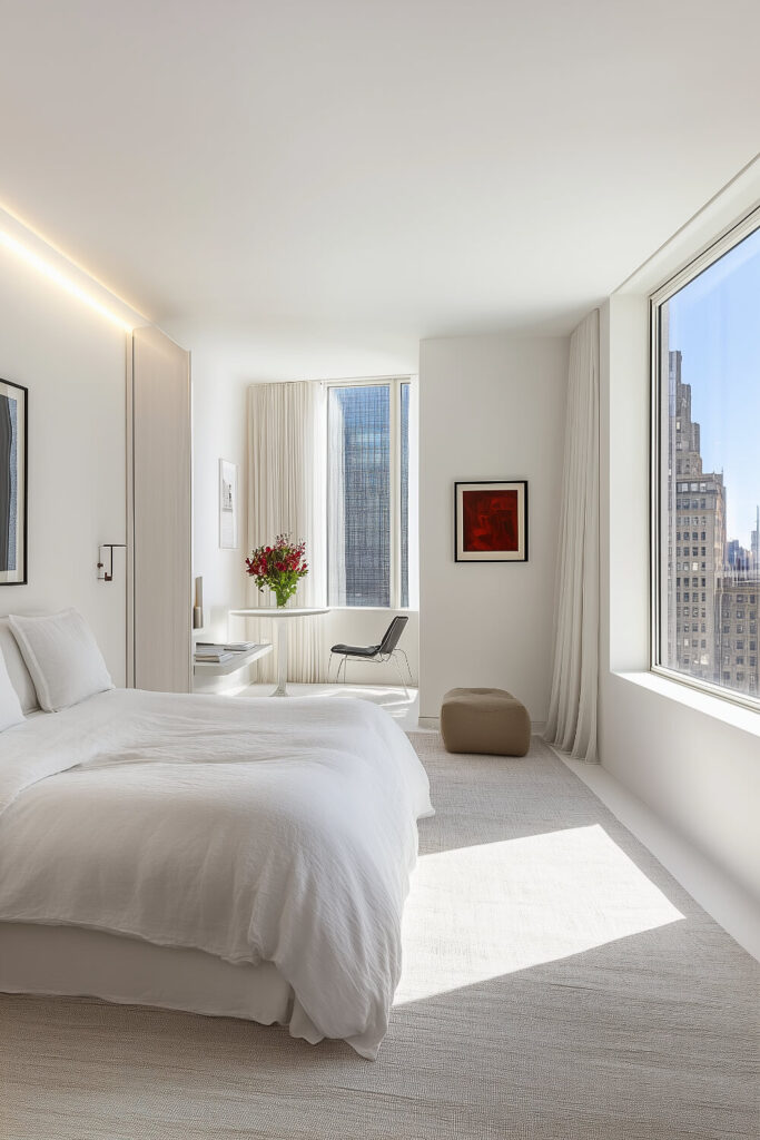 A minimalist bedroom with white walls, a bed dressed in white and beige bedding, and a large window with sheer curtains creating a serene and inviting atmosphere.