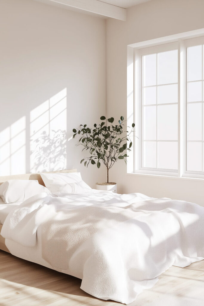 A modern minimalist bedroom featuring a black chandelier, white walls, and a simple yet elegant bed setup with soft pillows and blankets.