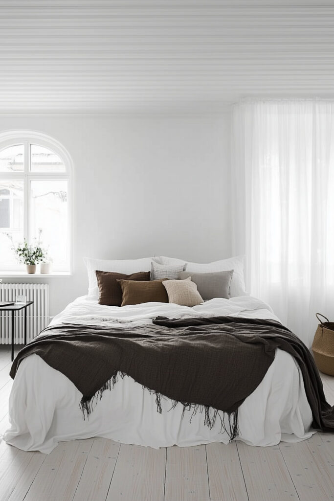 A minimalist bedroom with white walls, a cozy bed dressed in white and beige bedding, and a large window with sheer curtains allowing natural light to create a peaceful setting.