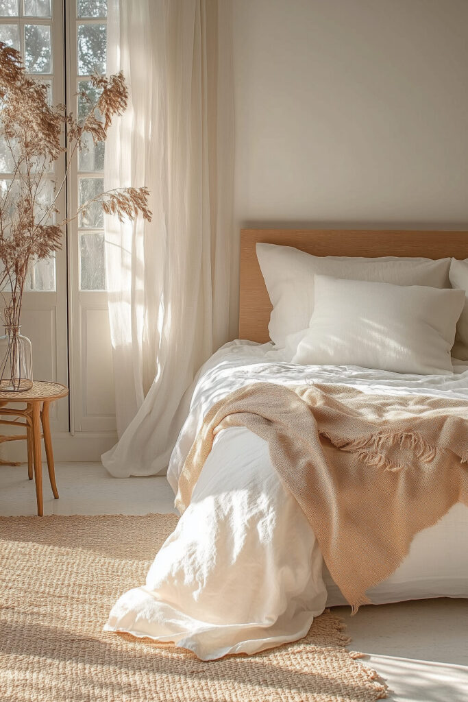 A minimalist bedroom with white walls, a bed dressed in white and beige bedding, and a large window with sheer curtains enhancing the room's brightness and coziness.