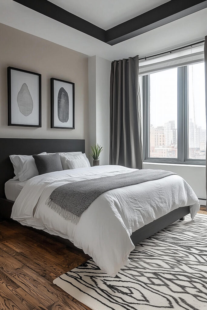 A minimalist bedroom with white walls, a cozy bed dressed in neutral tones, and a large window framed by sheer curtains that bring in ample light.