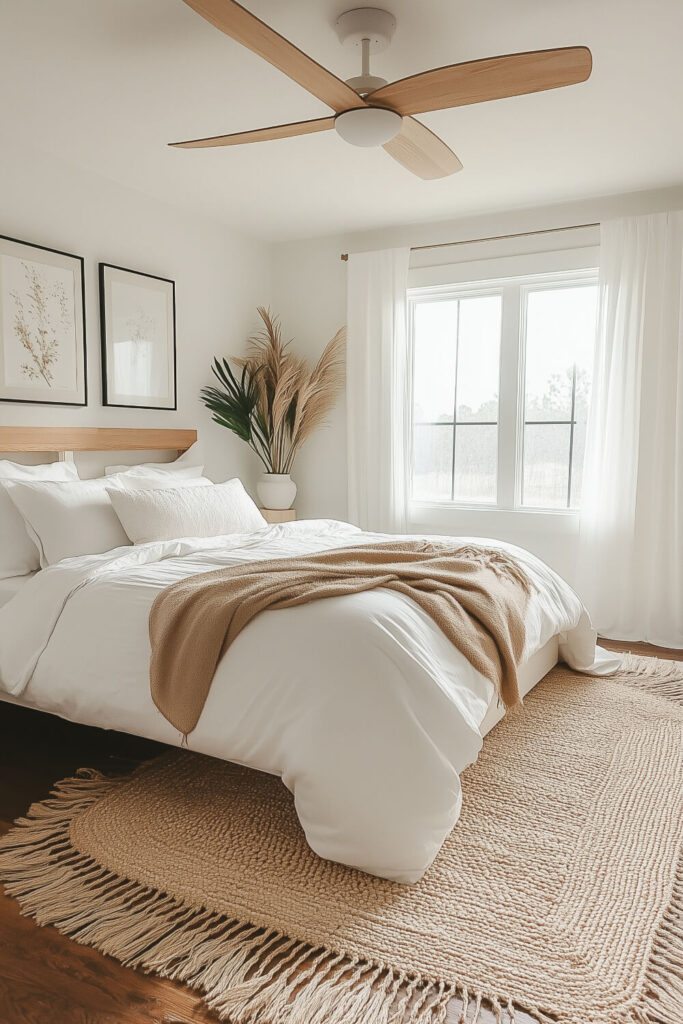 An elegant minimalist bedroom with white walls, a bed covered in soft white bedding, and a touch of greenery from a potted plant adding a natural feel.