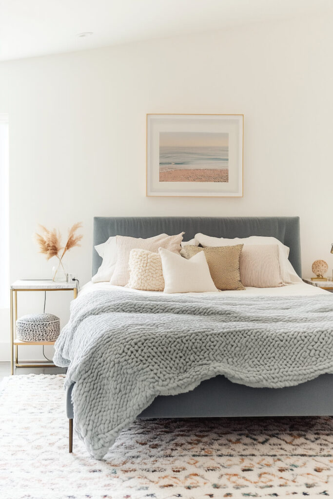 A minimalist bedroom with white walls, a modern bed setup, and a stylish black headboard complemented by simple artwork above the bed.