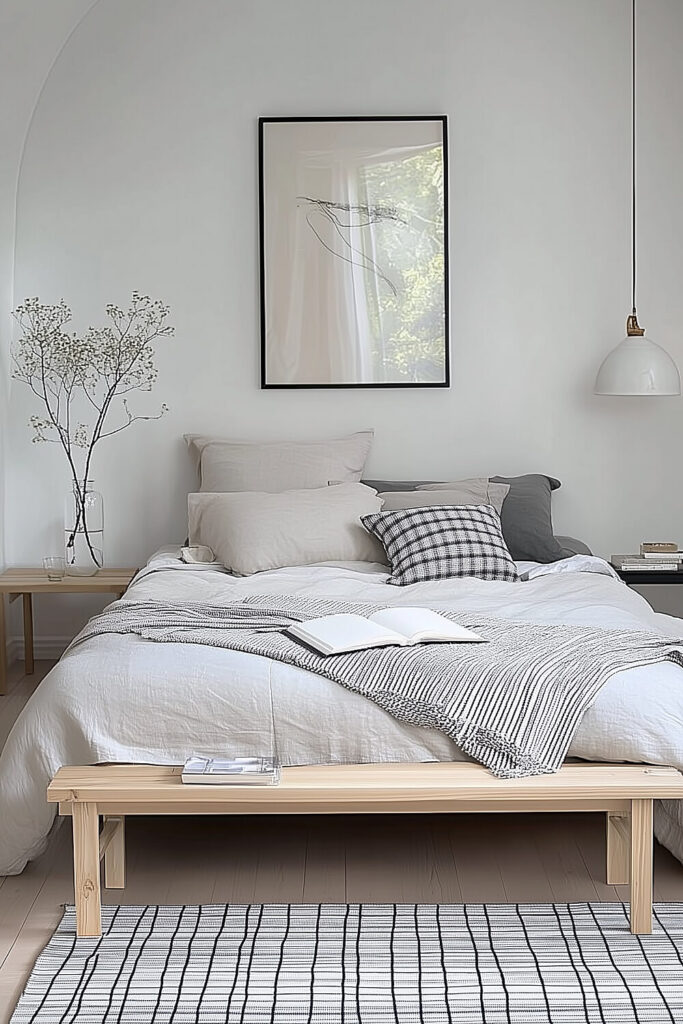 A cozy minimalist bedroom with white walls, a bed dressed in soft white and beige bedding, and a round mirror reflecting the serene ambiance.