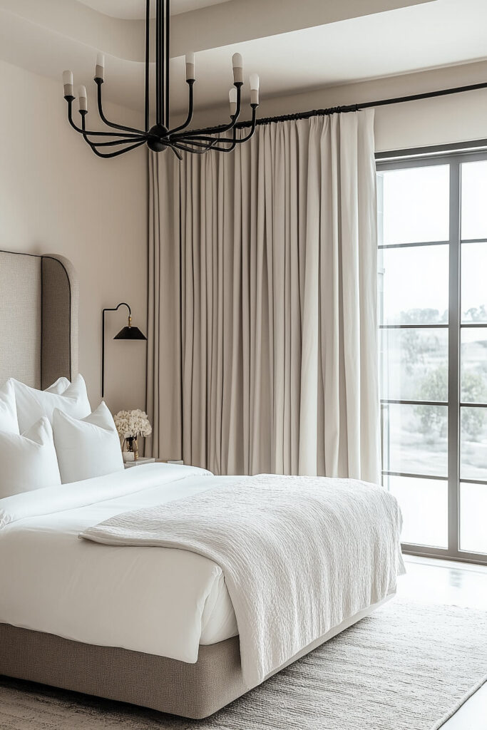 A minimalist bedroom with white walls, a bed adorned with white and beige bedding, and a large window offering a view of the cityscape.