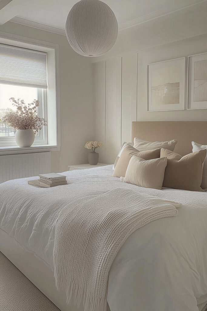 A modern minimalist bedroom with white walls, a bed dressed in white and beige bedding, and a wooden bench at the foot of the bed for added comfort.