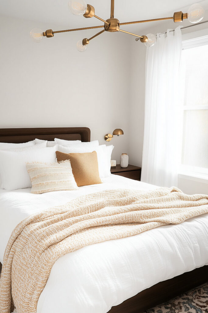 A minimalist bedroom with white walls, a cozy bed dressed in white and beige bedding, and a large window with sheer curtains letting in natural light.