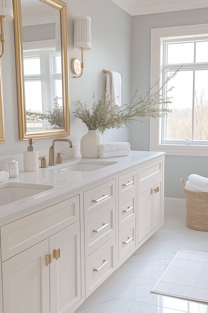 A modern and luxurious bathroom with white marble countertops, gold accents, and a serene washroom design, offering bathroom inspo interior design and bathroom decor luxury for your bathroom design inspiration and decor.