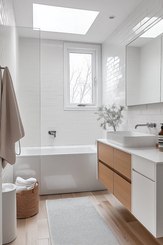 Contemporary bathroom with a freestanding bathtub, white subway tiles, wooden vanity drawers, and a skylight, offering bathroom design inspiration and modern bathroom decor.