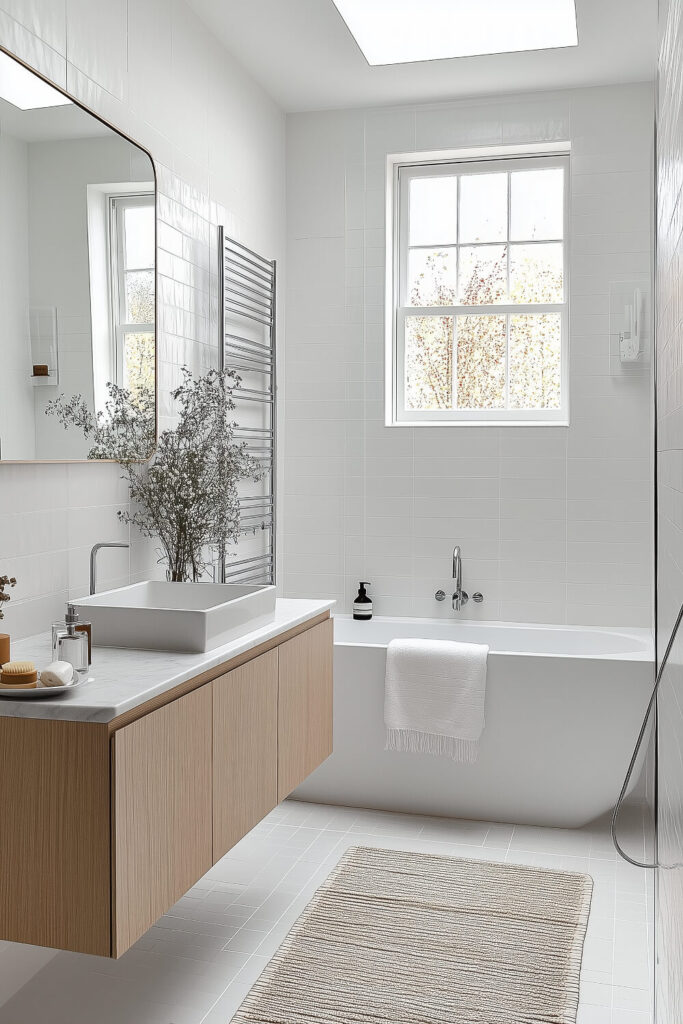 Modern white bathroom featuring a freestanding bathtub, minimalistic wooden vanity, stylish overhead mirror, and a skylight, offering bathroom design inspiration and luxurious bathroom decor.