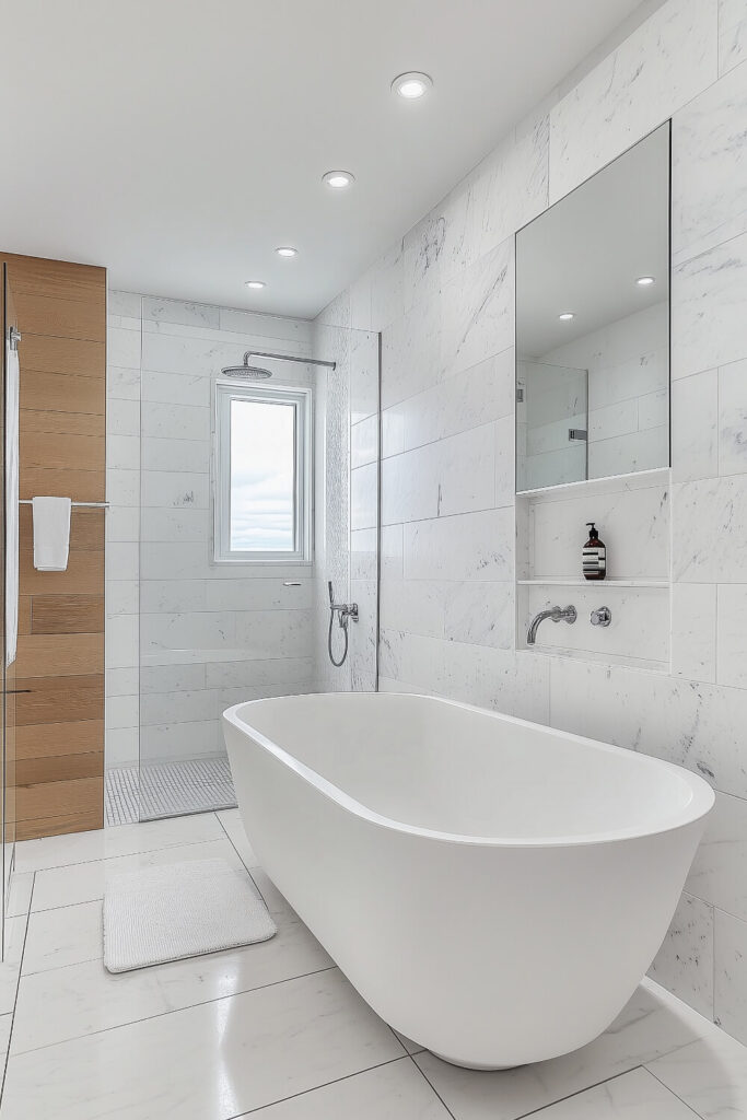 Modern bathroom featuring a freestanding bathtub, a spacious shower area with marble tiles, and sleek lighting, offering bathroom design inspiration with luxurious bathroom decor and minimalist style.