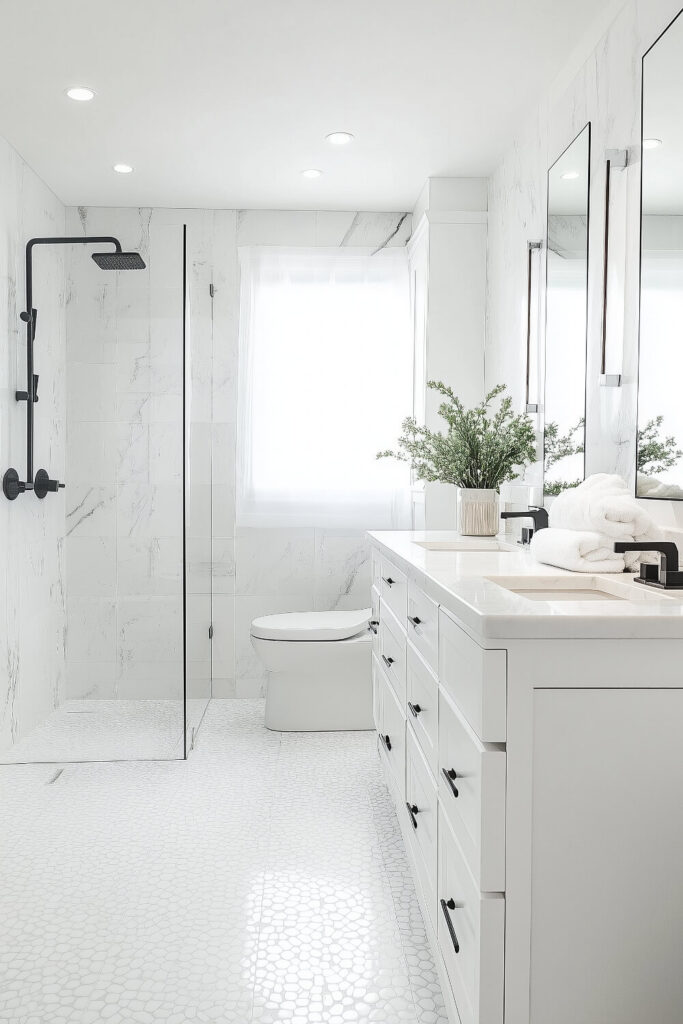 Elegant white bathroom featuring a walk-in shower, marble tiles, a stylish vanity with black accents, and fluffy towels, providing bathroom design inspiration and luxury bathroom decor.