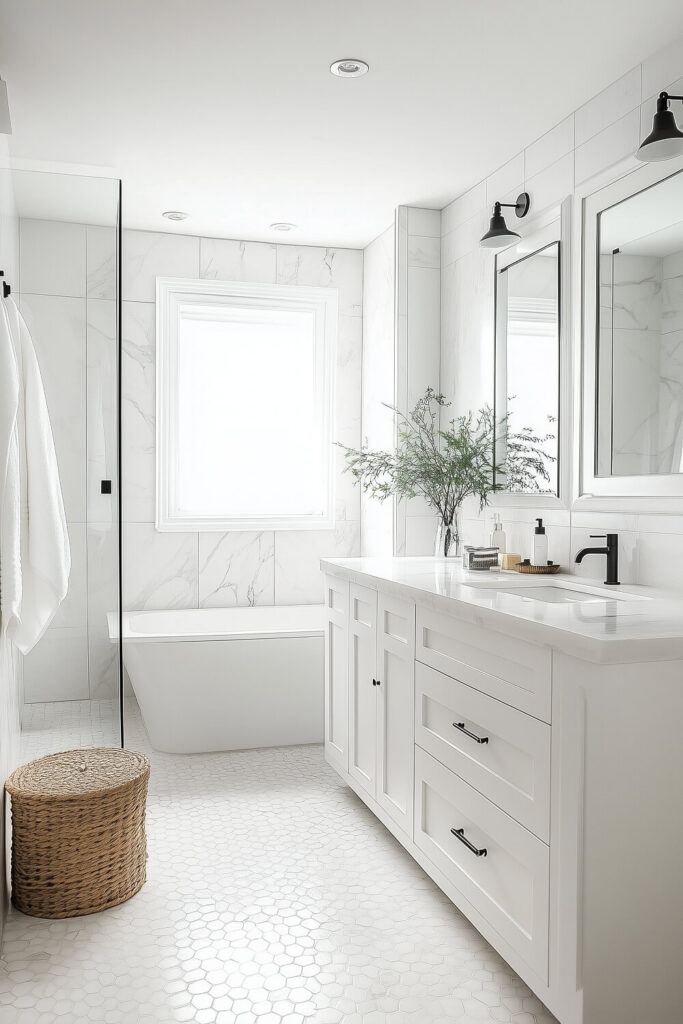 Stylish white bathroom with a freestanding bathtub, marble tiles, modern black fixtures, and a chic vanity, offering bathroom design inspiration and luxury bathroom decor.