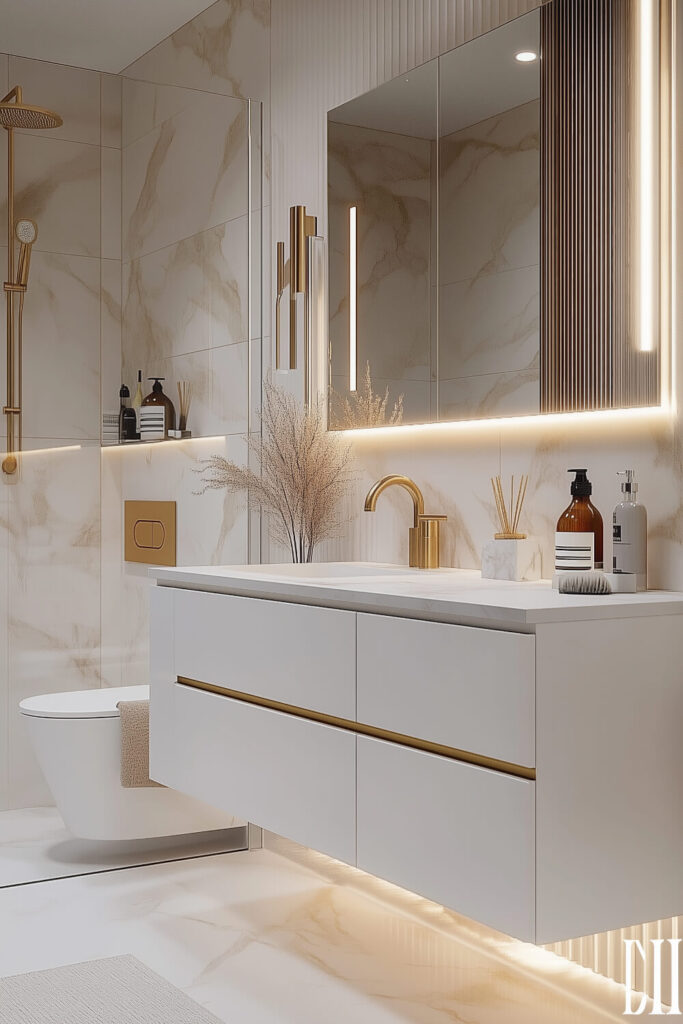 Luxurious modern bathroom featuring white and gold accents, a freestanding toilet, sleek vanity with backlit lighting, and marble tiles, offering bathroom design inspiration and luxury bathroom decor.