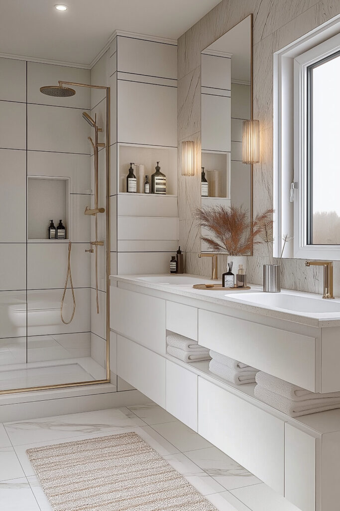 Elegant modern bathroom featuring a sleek shower with gold fixtures, minimalist vanity with a marble countertop, and a stylish mirror, offering bathroom design inspiration and luxury bathroom decor.