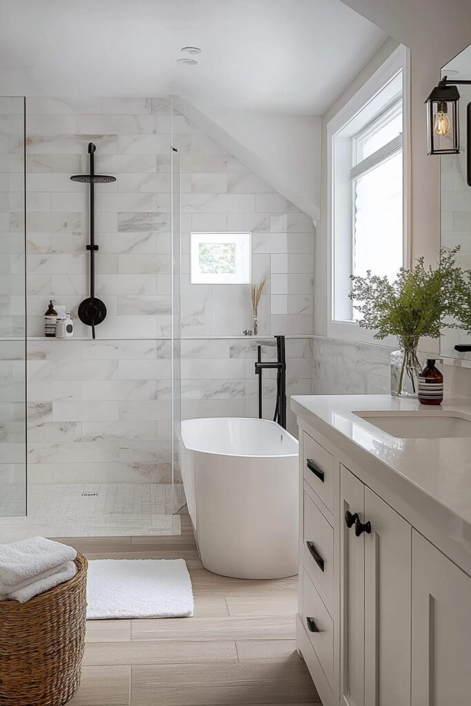 Stylish white bathroom featuring a freestanding bathtub, marble shower tiles, black fixtures, and modern cabinetry, offering bathroom design inspiration and luxury bathroom decor.