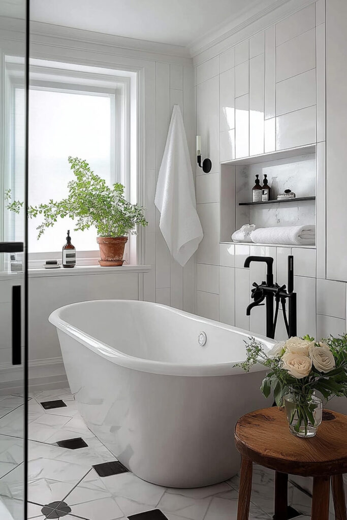 Elegant bathroom with a freestanding bathtub, marble and black tiled flooring, and modern black fixtures, featuring a stylish window with plants, offering bathroom design inspiration and luxurious decor.