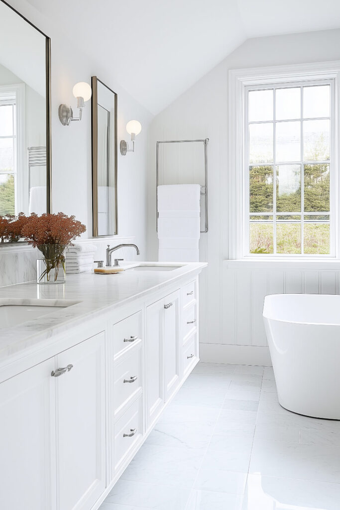 Bright and airy white bathroom featuring a freestanding bathtub, marble countertop with modern fixtures, and natural light streaming through large windows, offering bathroom design inspiration and elegant decor.