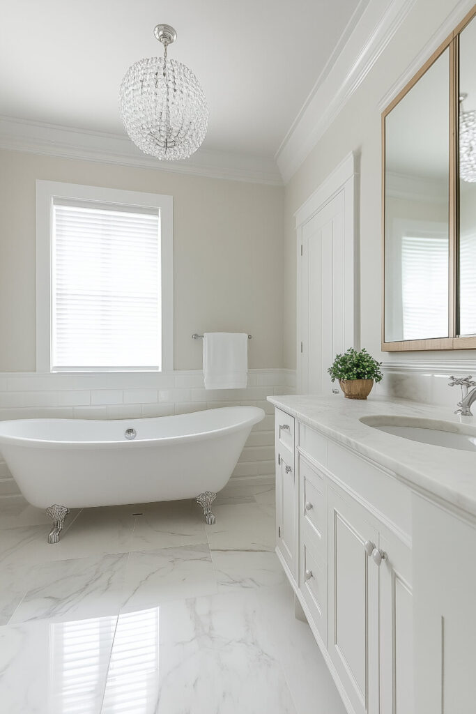 Elegant white marble bathroom featuring a freestanding bathtub, chic lighting fixture, and classic white cabinetry, offering bathroom design inspiration, luxury bathroom decor, and a stylish washroom design.