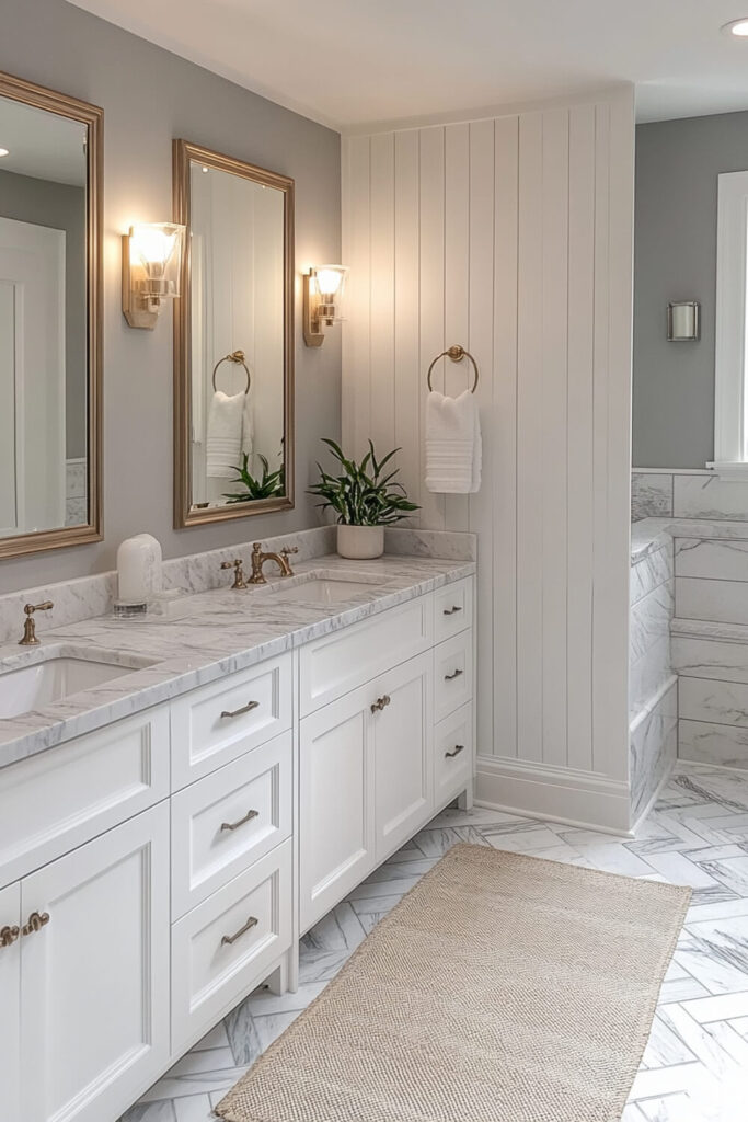 Elegant white bathroom with marble countertops, vintage-style faucets, and herringbone marble floors, featuring a modern shower area and stylish lighting, offering bathroom design inspiration and luxury bathroom decor.