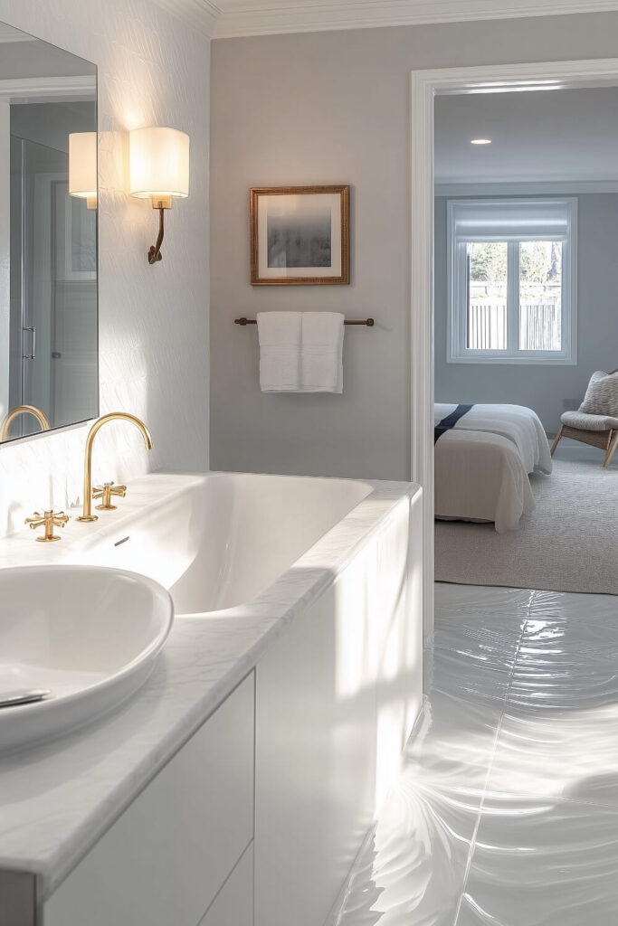 Charming white bathroom with a marble countertop, elegant gold faucets, and a freestanding bathtub, featuring soft natural lighting and a peaceful view of a bedroom, offering bathroom design inspiration and luxury decor.