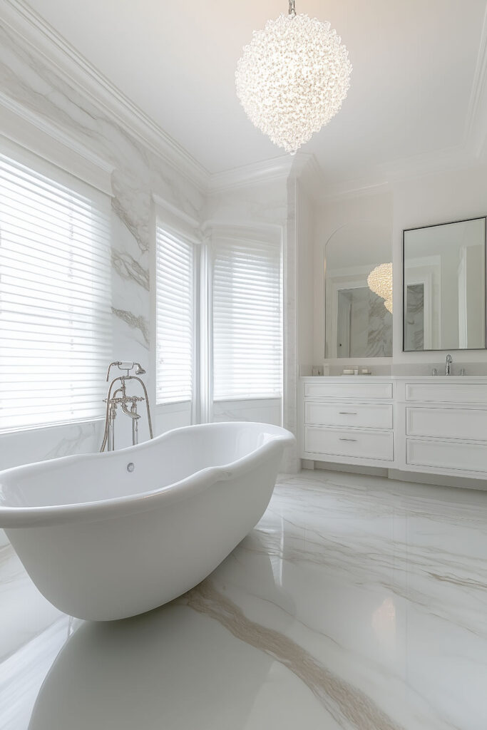 Luxury bathroom design featuring a freestanding bathtub, elegant white marble walls and floors, and sophisticated lighting, offering bathroom design inspiration, white marble bathrooms, and upscale bathroom decor.