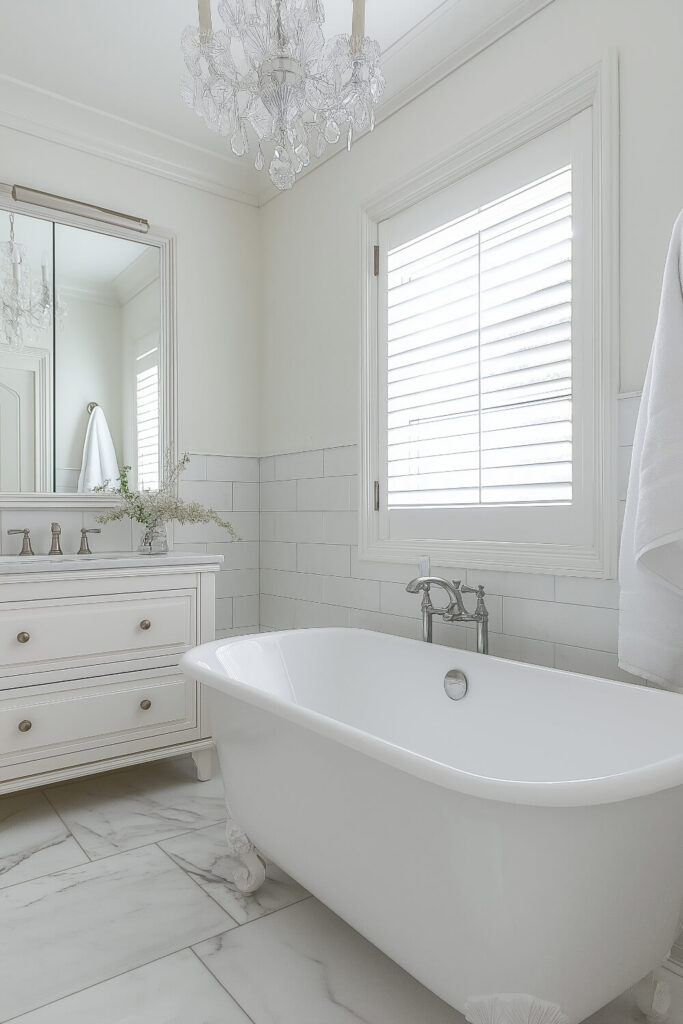 Charming white marble bathroom featuring a freestanding bathtub, elegant chandelier, and classic white cabinetry, providing bathroom design inspiration, white marble bathrooms, and luxurious bathroom decor.