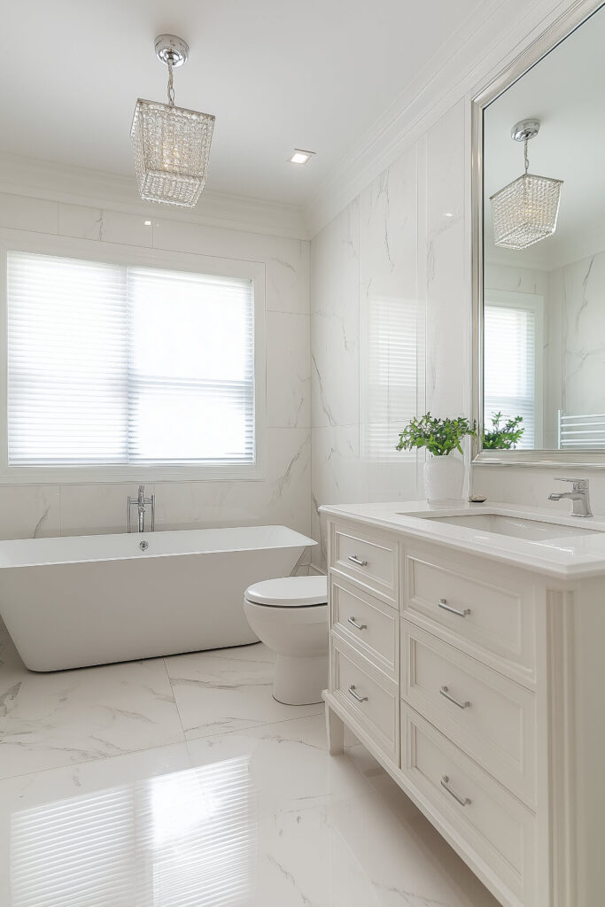 Bright and modern bathroom with white marble walls and floors, a freestanding bathtub, and elegant vanity, offering bathroom design inspiration, white marble bathrooms, and luxury bathroom decor.