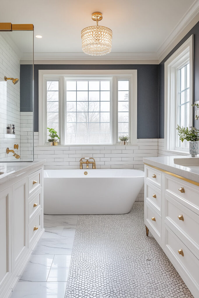 Luxurious white marble bathroom with a freestanding bathtub, gold fixtures, mosaic flooring, and elegant lighting, offering bathroom design inspiration and white marble bathroom decor.