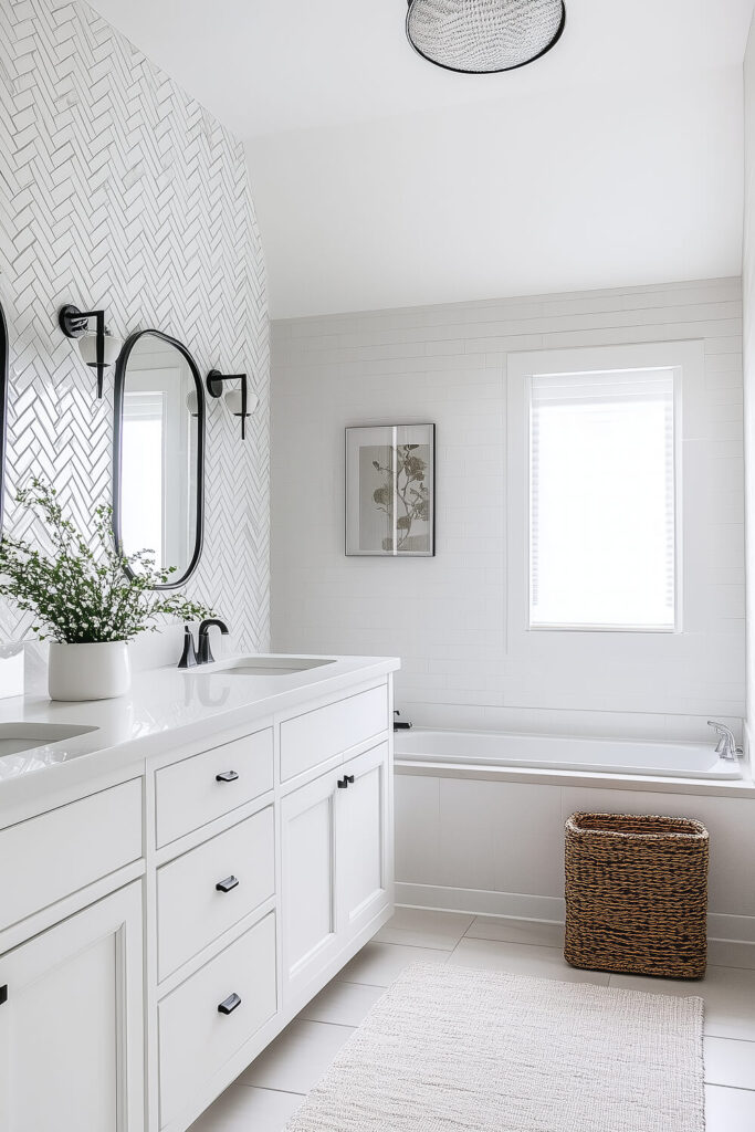 Contemporary white bathroom with a stylish herringbone tile wall, modern black fixtures, a freestanding bathtub, and sleek white cabinetry, offering bathroom design inspiration and bathroom decor luxury.