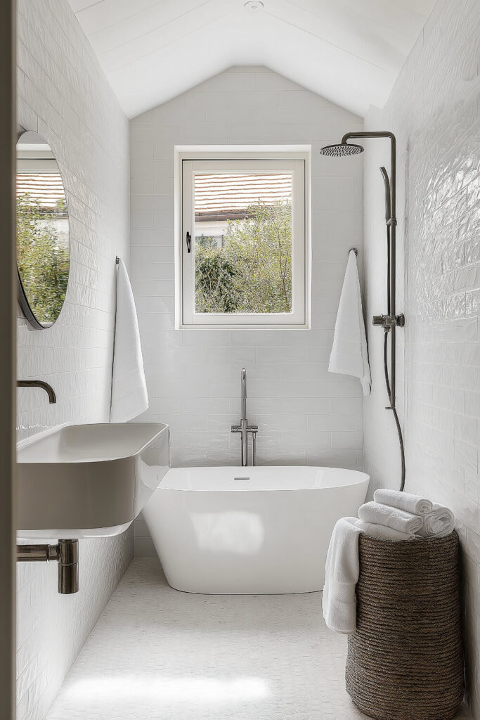 Modern white bathroom featuring a freestanding bathtub, minimalist design, sleek shower fixtures, and a large window with a view, offering bathroom design inspiration and bathroom decor luxury.