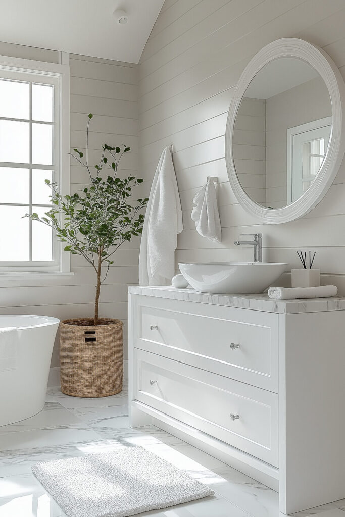 Bright and serene white bathroom featuring a freestanding bathtub, a round mirror, a minimalist vanity with a marble countertop, and a decorative indoor plant, offering bathroom design inspiration and luxurious bathroom decor.